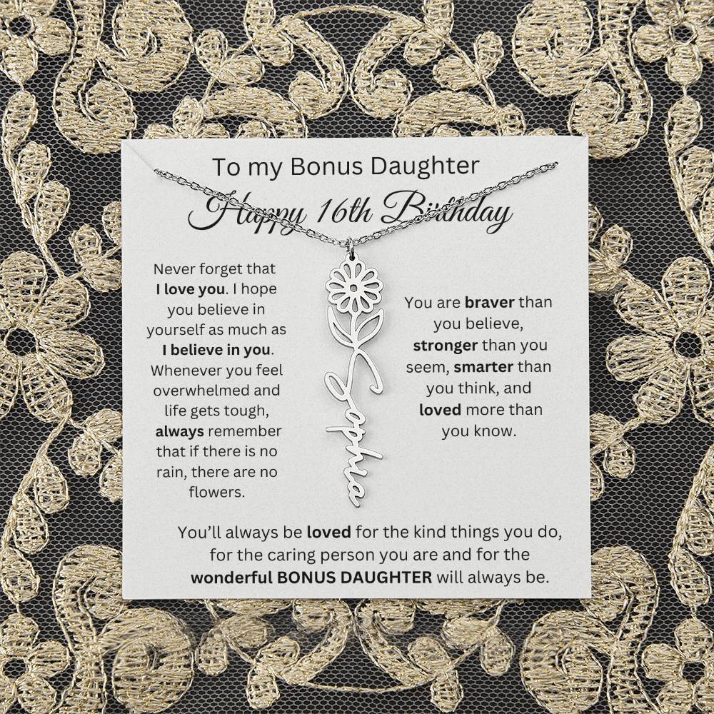 To My Bonus Daughter | Happy 16th Birthday | Flower Name Necklace