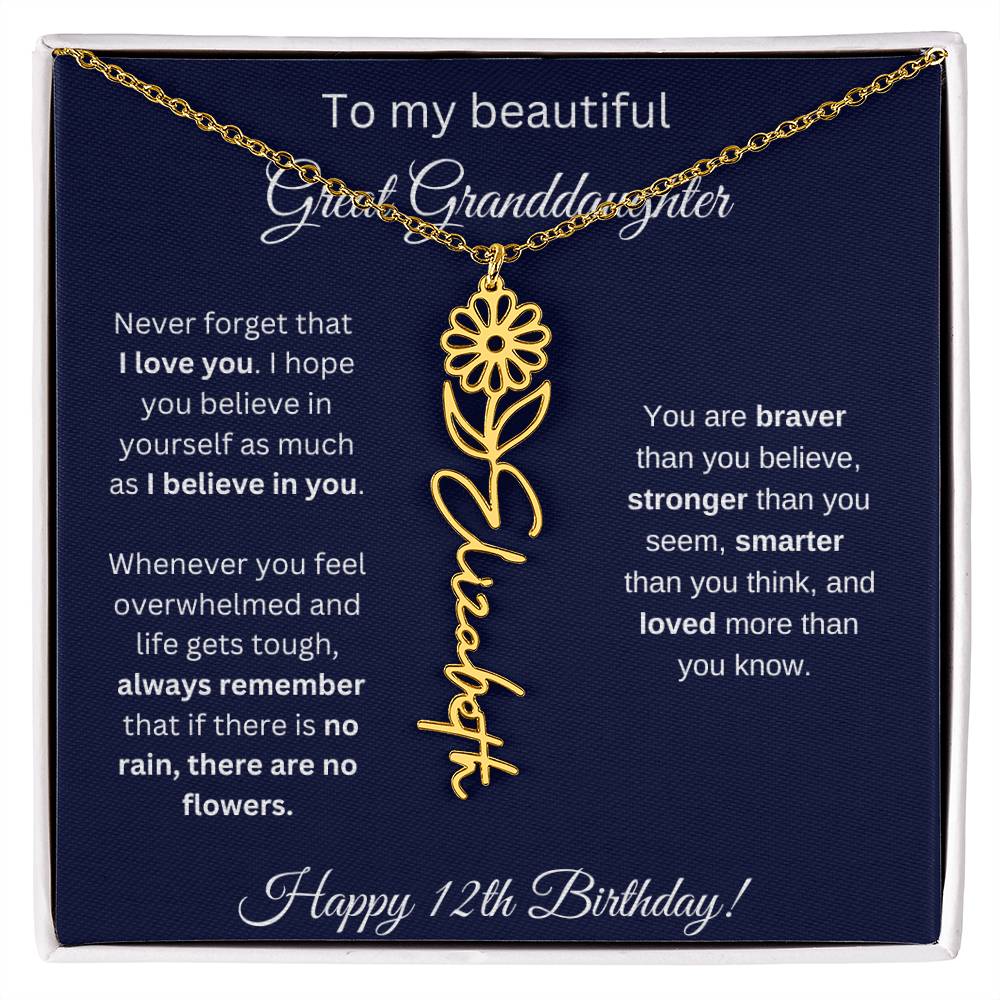 12th Birthday Gift For Great Granddaughter - Birthmonth Flower Name Necklace