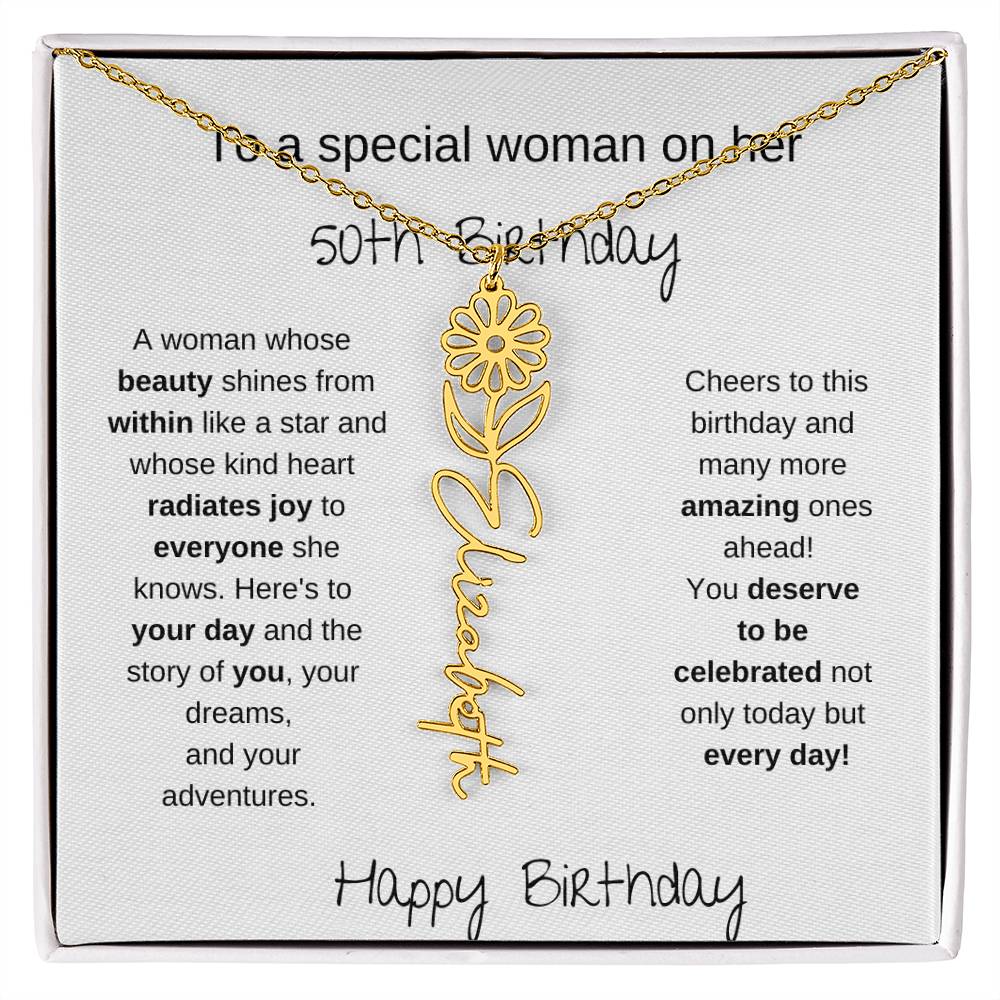 To A Special Women On Her 50th Birthday - Flower Name Necklace