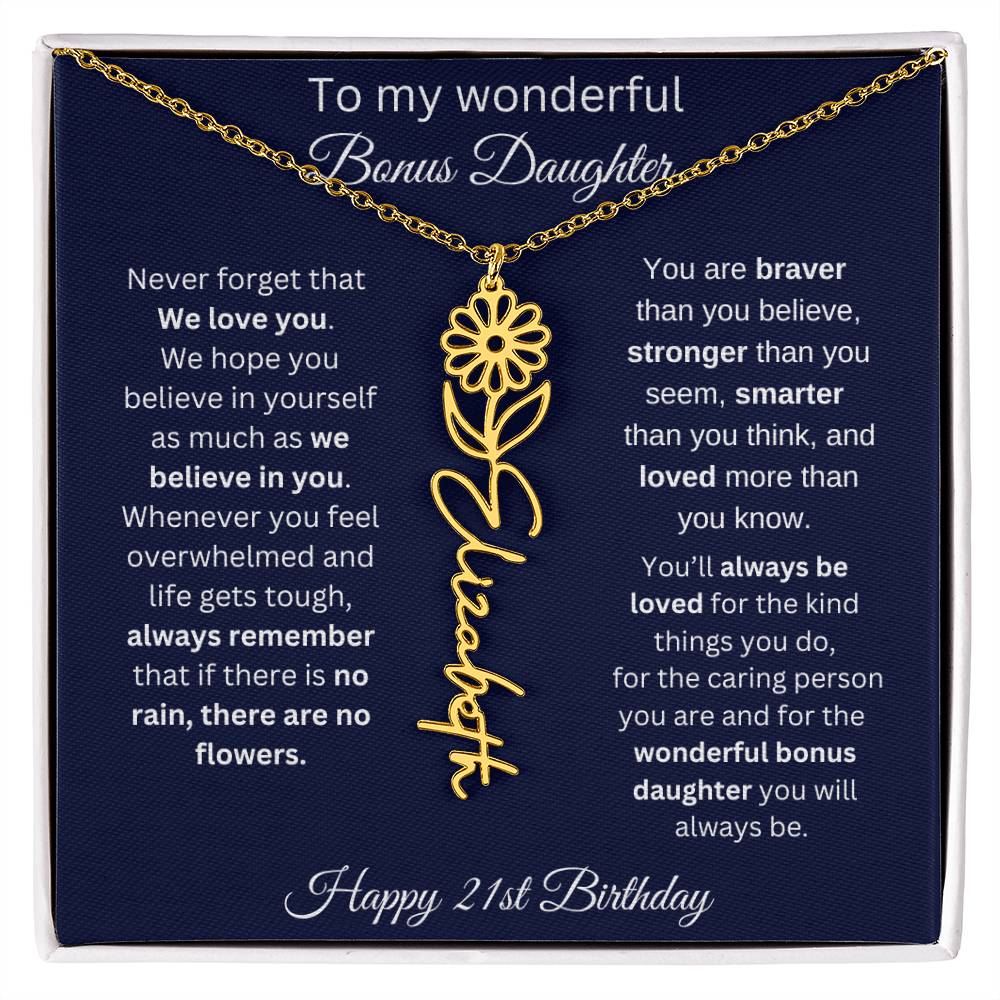 21st Birthday Gift For Bonus Daughter - Personalized Birthmonth Flower Name Necklace