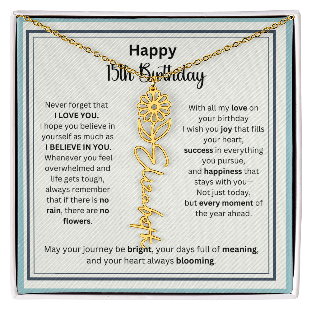 Personalized 15th Birthday Gift for Her - Birth Flower Necklace with Card