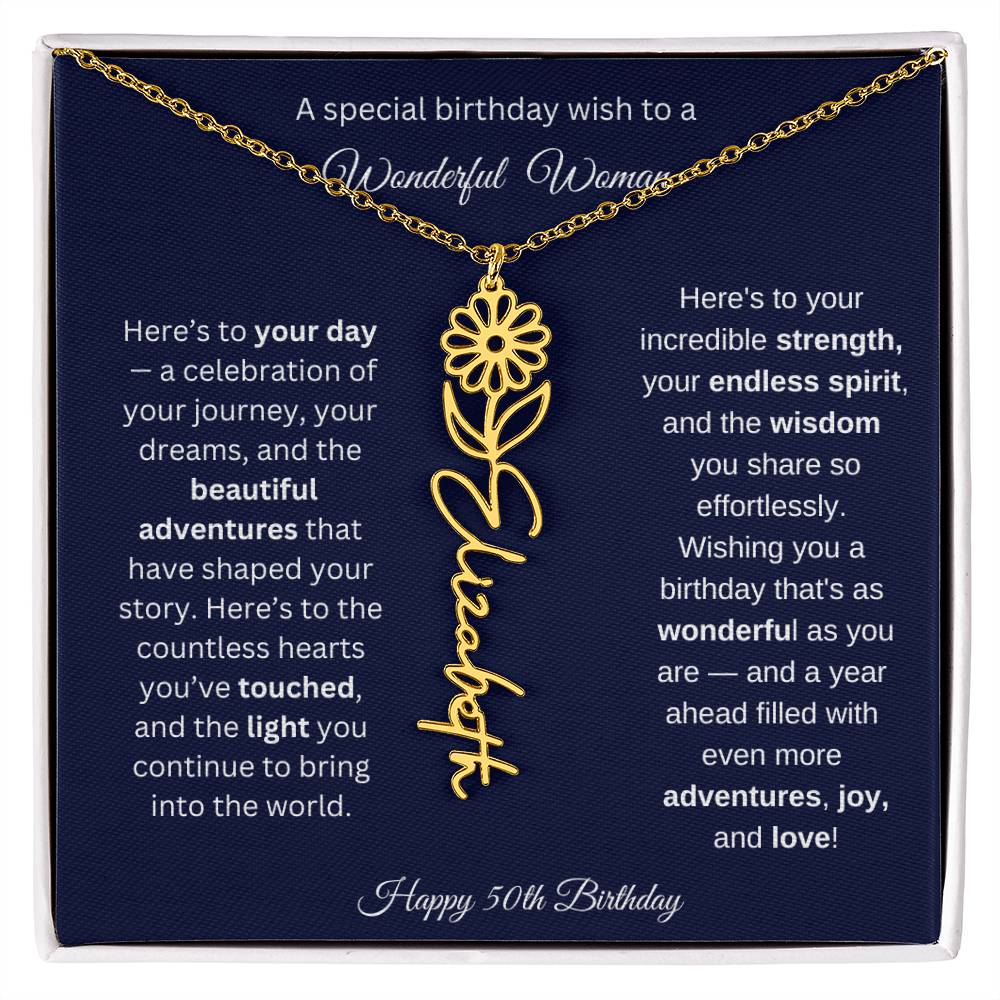 Happy 50th Birthday - Personalized Birth Flower Name Necklace with Message Card
