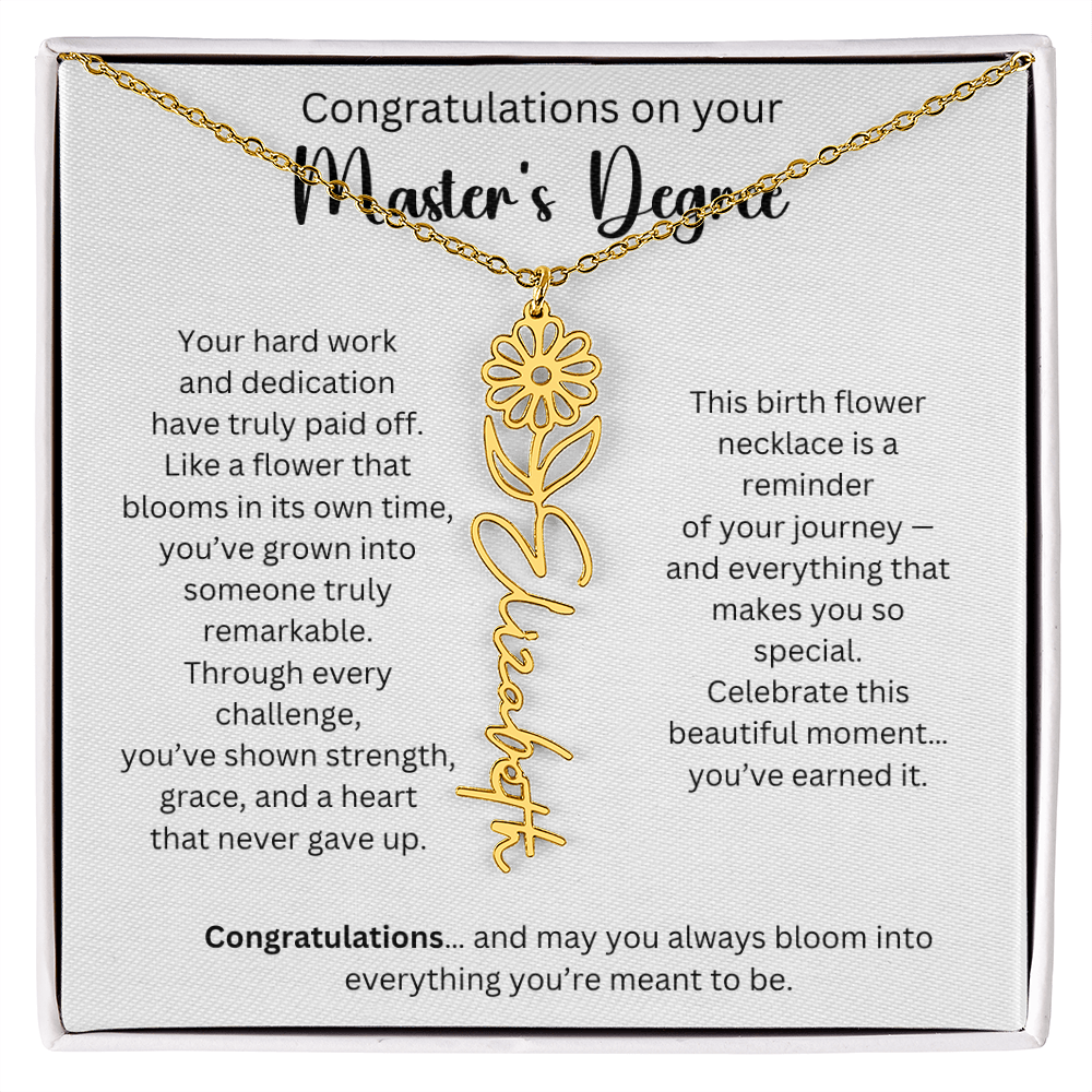 Personalized Masters Graduation Keepsake Gift - Birth Flower Name Necklace