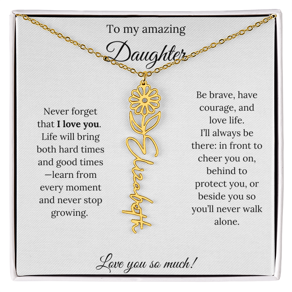 Personalized Daughter Necklace with Birth Flower Name & Inspiring Quote Card