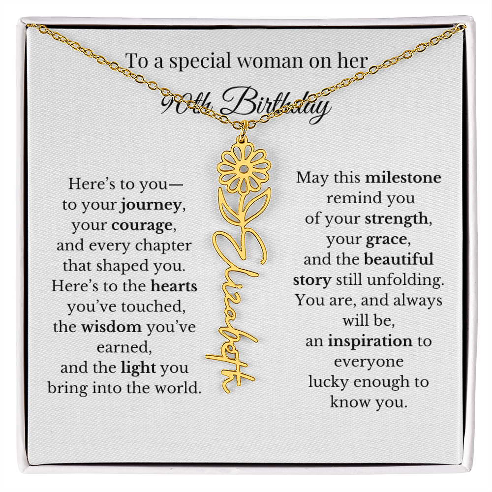 90th Birthday Gift To A Special Woman | Personalized Birth Flower Name Necklace
