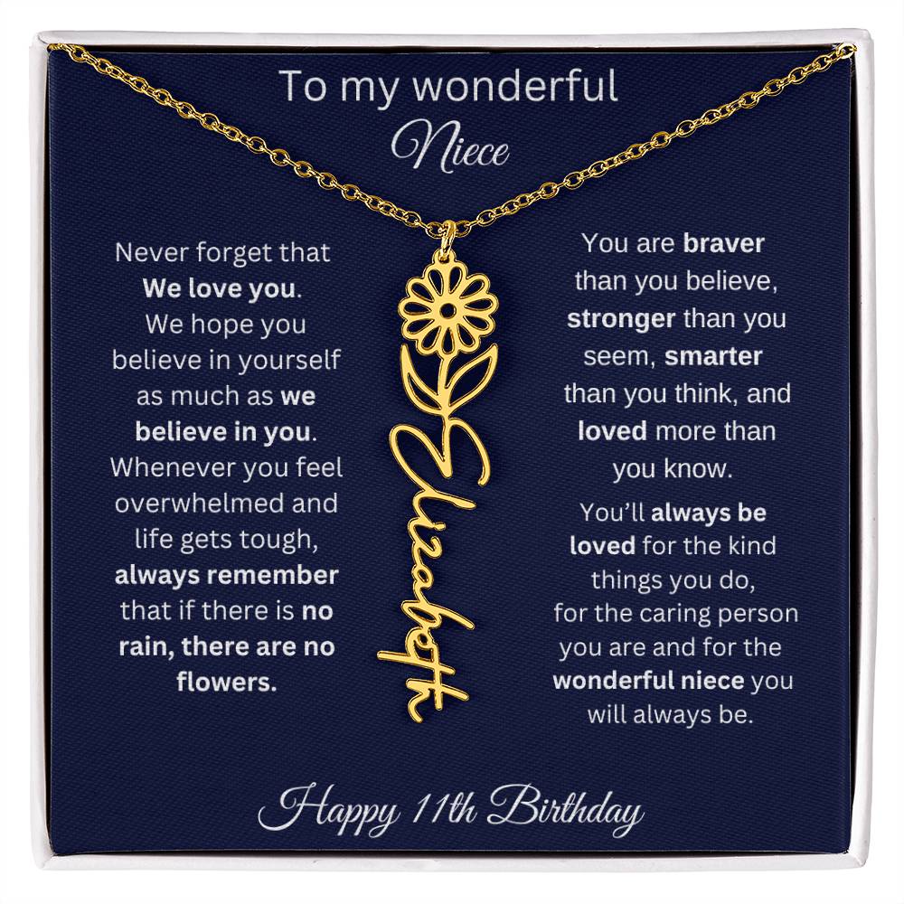 11th Birthday Gift For Niece - Personalized Birthmonth Flower Name Necklace