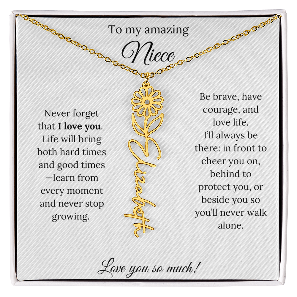 Niece Gift – Birth Flower Name Necklace + Inspiring Message Card