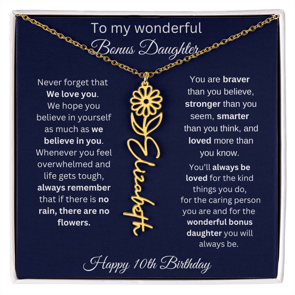 10th Birthday Gift For Bonus Daughter - Personalized Birthmonth Flower Name Necklace