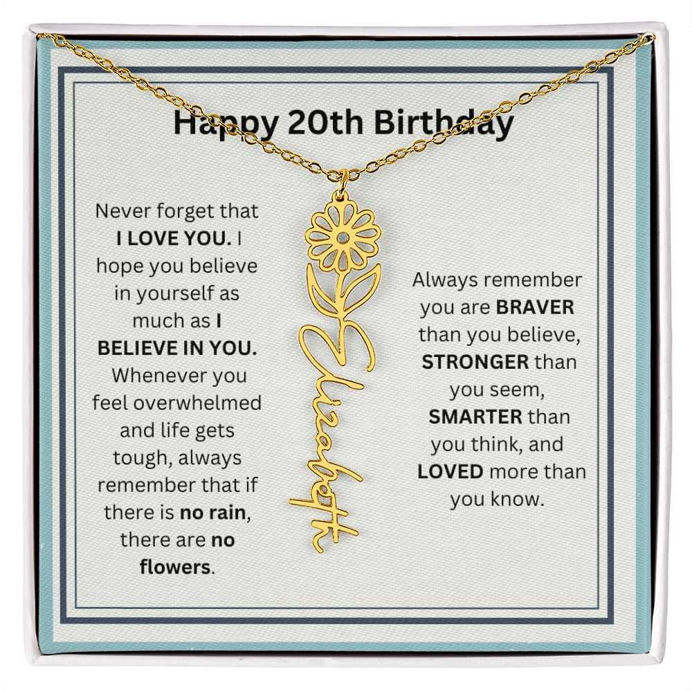 Personalized 20th Birthday Flower Name Necklace Gift
