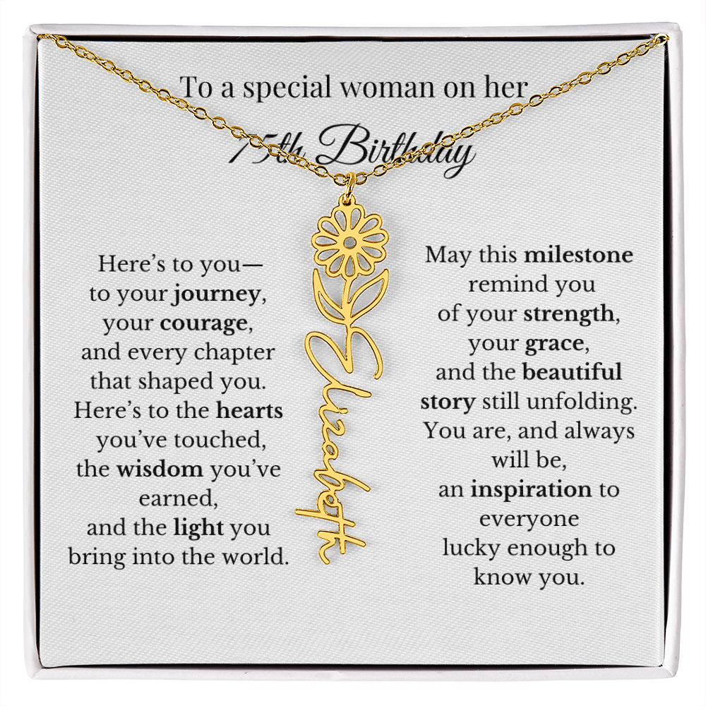 75th Birthday Gift To A Special Woman | Personalized Birth Flower Name Necklace