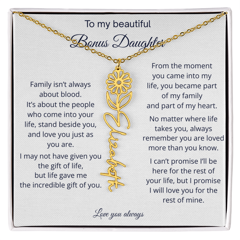 Bonus Daughter Jewelry Gift - Personalized Birth Flower Name Necklace