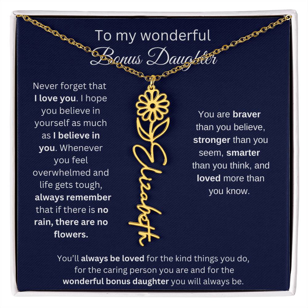 To My Wonderful Bonus Daughter - I Love You - Flower Name Necklace