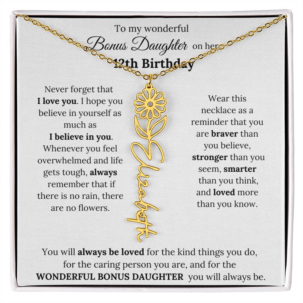 To My Wonderful Bonus Daughter On Her 12th Birthday | I Love You | Flower Name Necklace