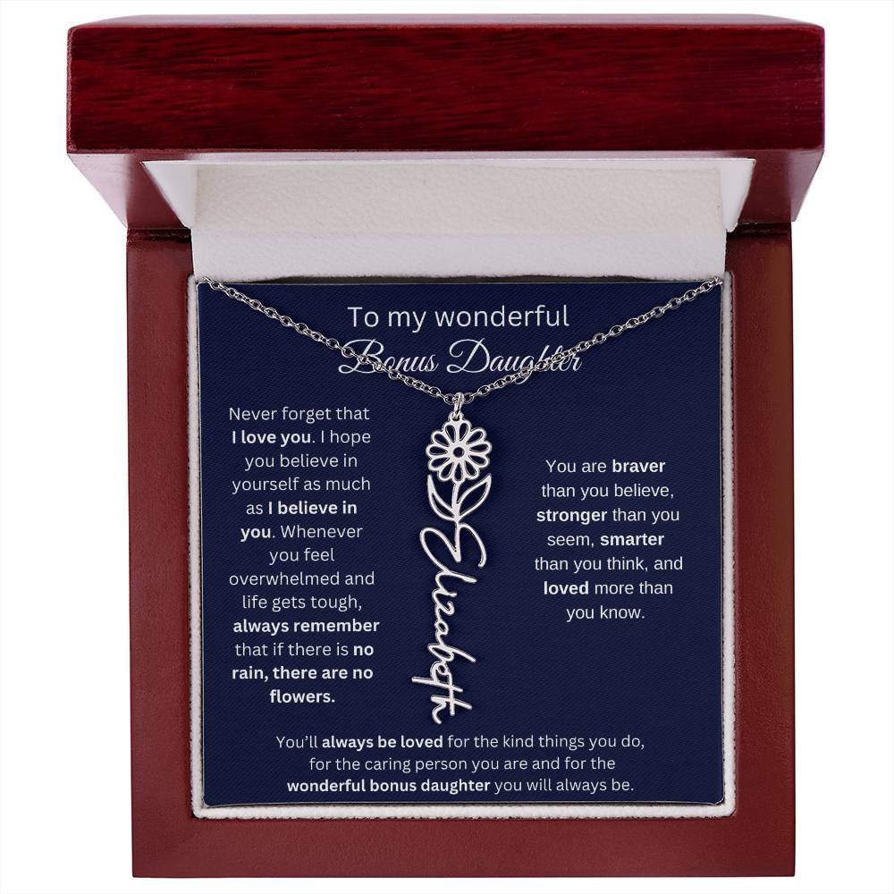To My Wonderful Bonus Daughter - I Love You - Flower Name Necklace