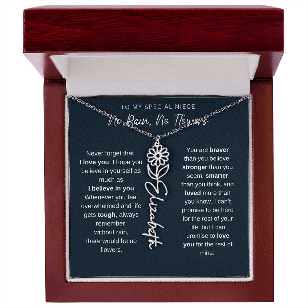 To My Special Niece | No Rain, No Flowers | Birth Flower Name Necklace