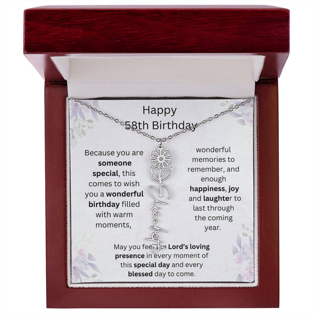Wishing You Happiness, Joy & Laughter - Happy 58th Birthday | Flower Name Necklace