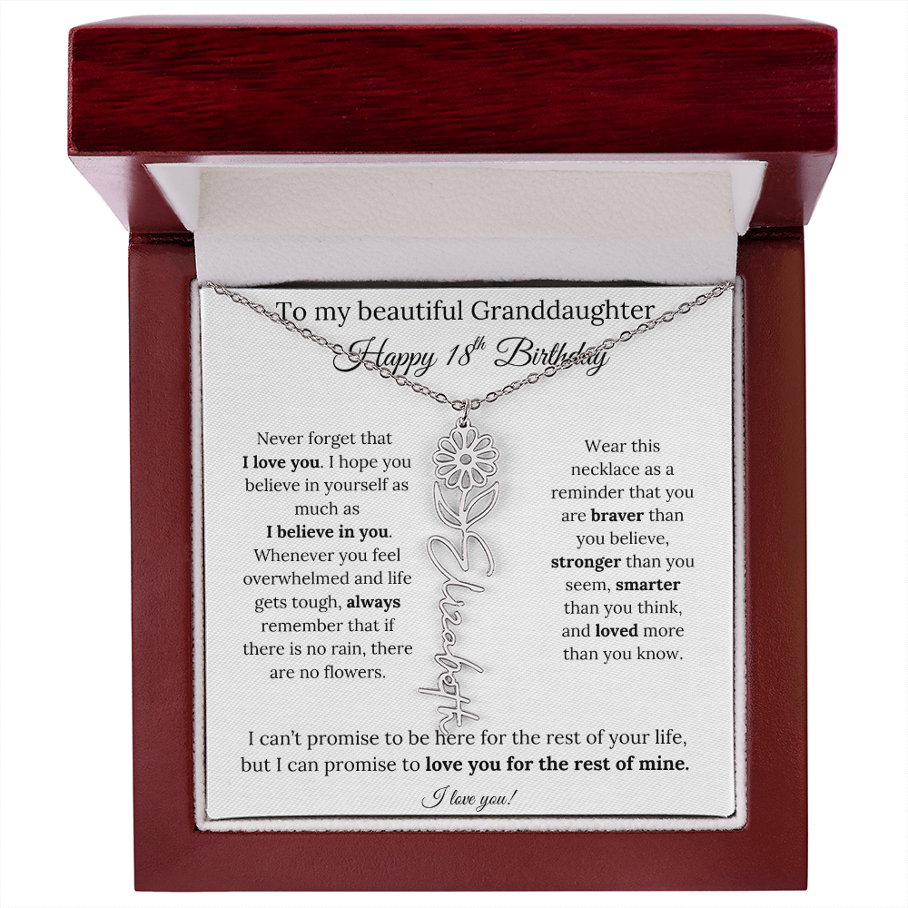 18th Birthday Gift for Granddaughter Flower Name Necklace with Message Card