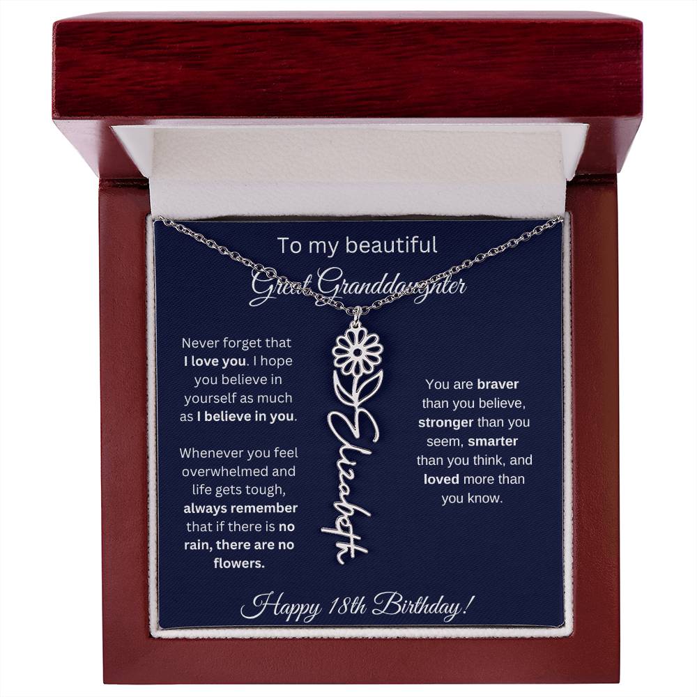 18th Birthday Gift For Great Granddaughter - Birthmonth Flower Name Necklace