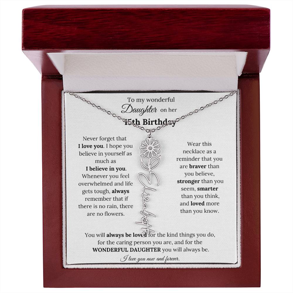 To My Wonderful Daughter On Her 15th Birthday - I Love You - Flower Name Necklace