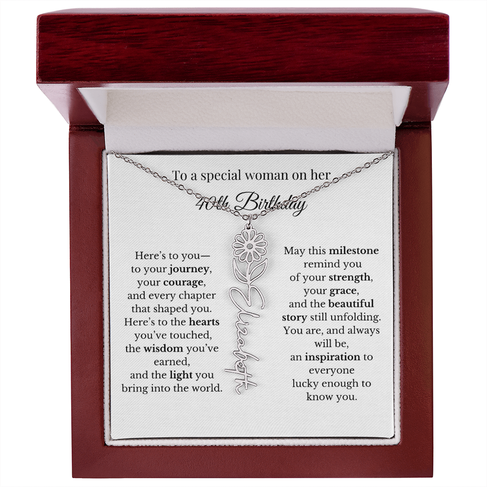 40th Birthday Gift To A Special Woman | Personalized Birth Flower Name Necklace