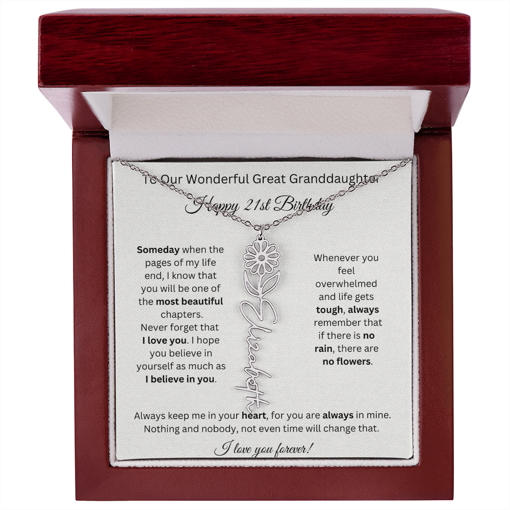 Birthflower Name Necklace To My Great Granddaughter's 21st Birthday