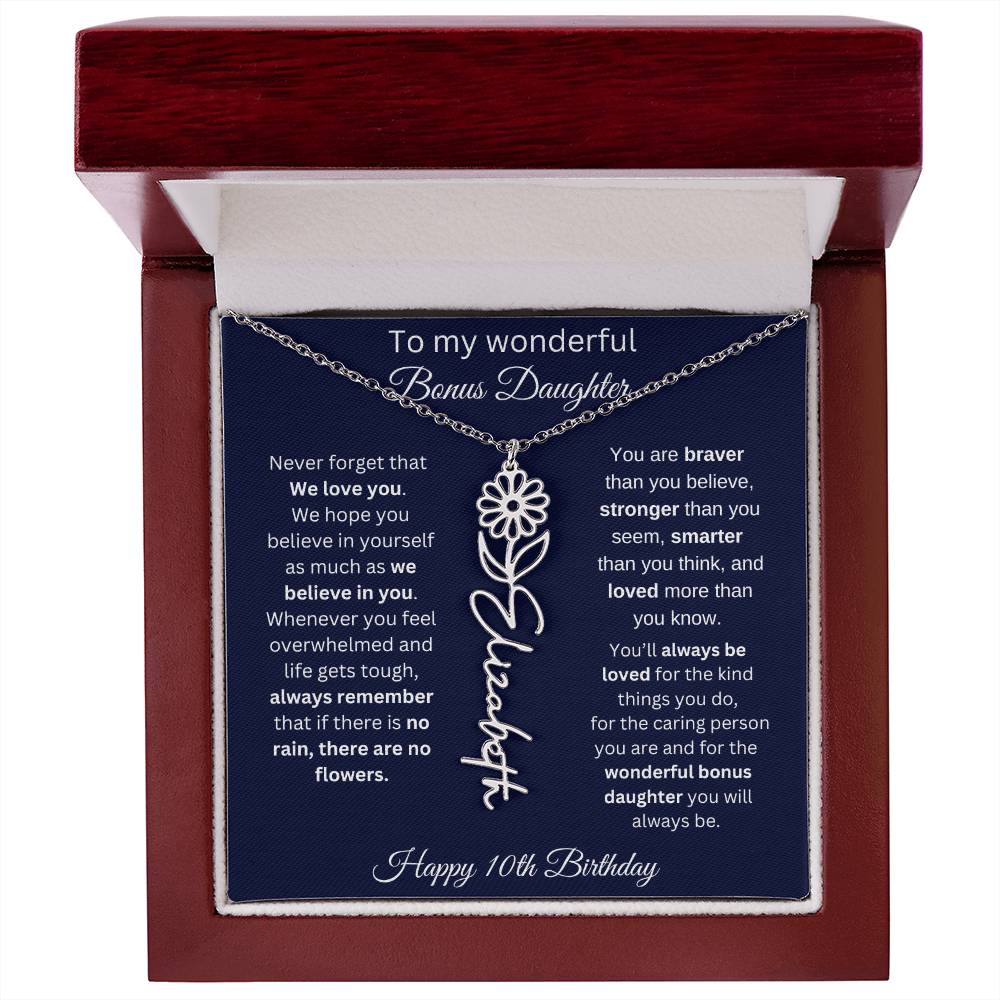 10th Birthday Gift For Bonus Daughter - Personalized Birthmonth Flower Name Necklace