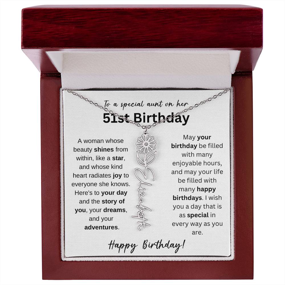 To A Special Aunt Happy 51st Birthday - Flower Name Necklace