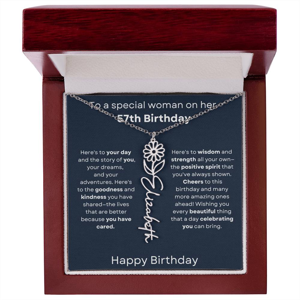 To A Special Woman On Her 57th Birthday - Flower Name Necklace