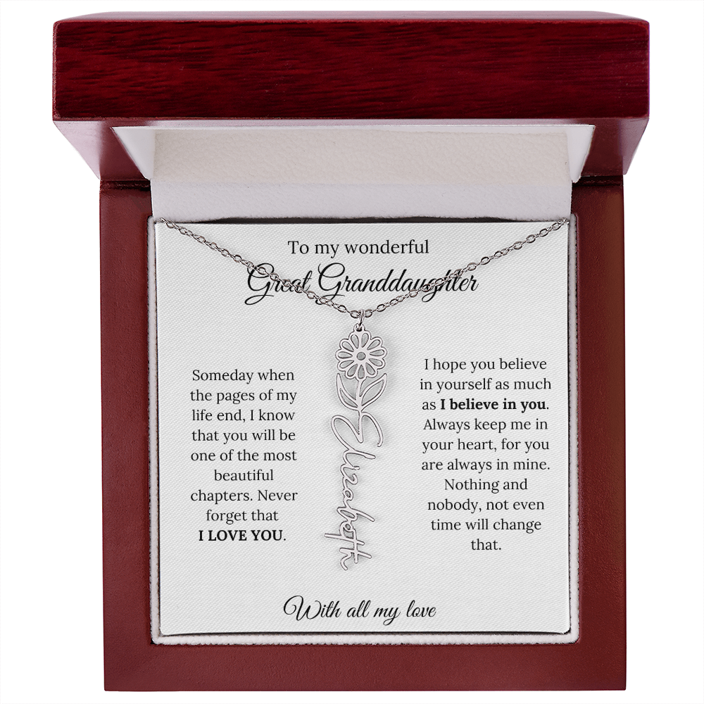 Great Granddaughter Birth Flower Name Necklace – “You Are One of the Most Beautiful Chapters” – Custom Keepsake Jewelry Gift