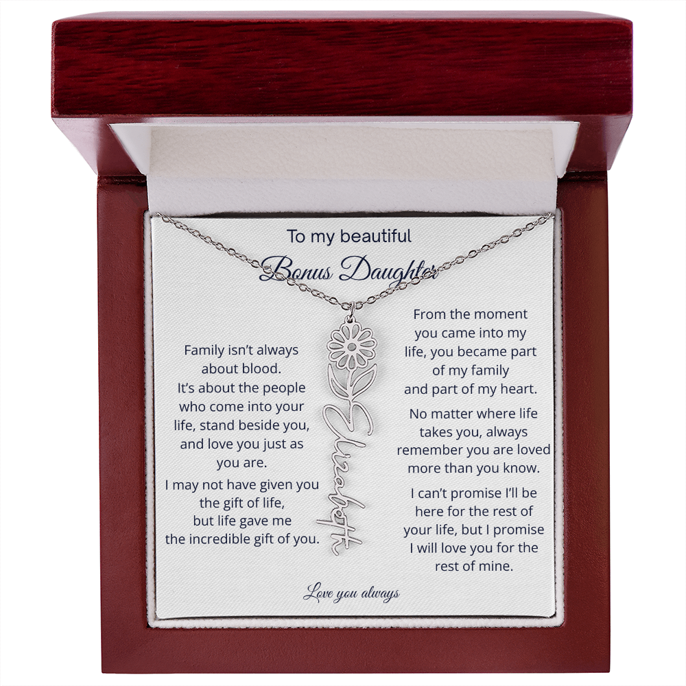 Bonus Daughter Jewelry Gift - Personalized Birth Flower Name Necklace