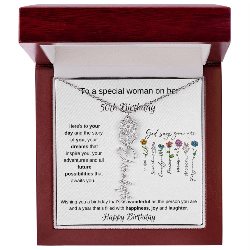 To A Special Woman On Her 50th Birthday - Flower Name Necklace
