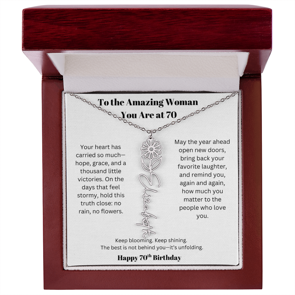To The Amazing Woman | 70th Birthday Keepsake Jewelry | Flower Name Necklace
