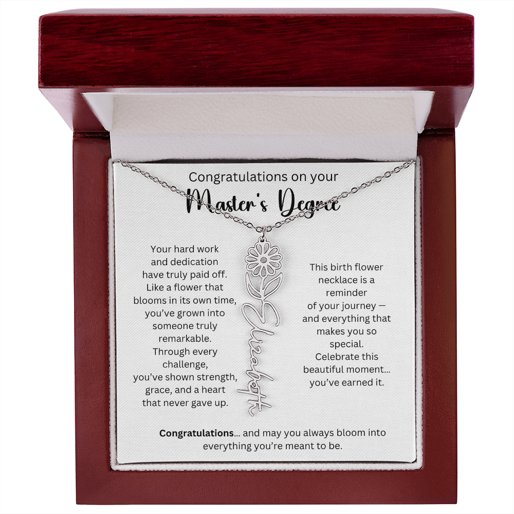 Personalized Masters Graduation Keepsake Gift - Birth Flower Name Necklace