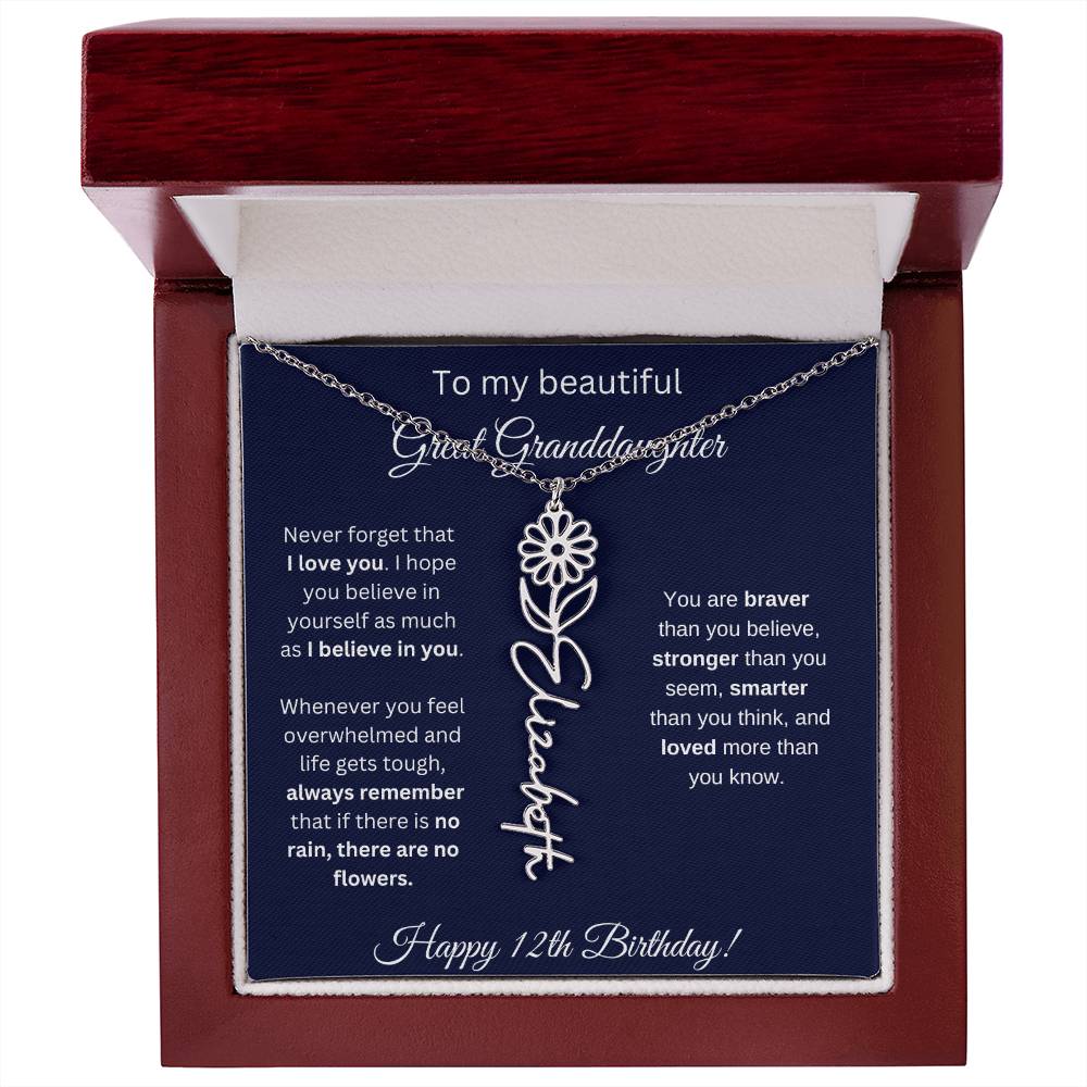 12th Birthday Gift For Great Granddaughter - Birthmonth Flower Name Necklace
