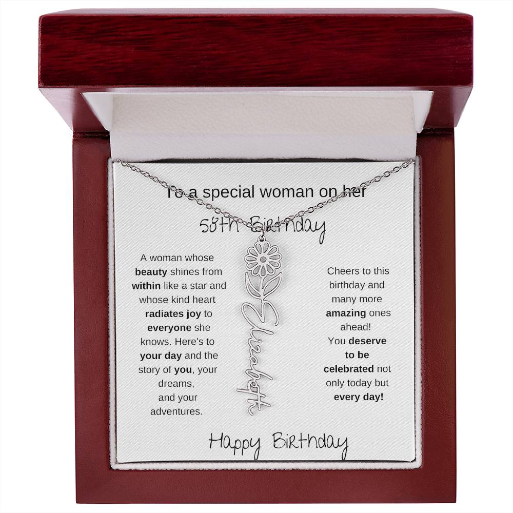 To A Special Women On Her 58th Birthday - Flower Name Necklace
