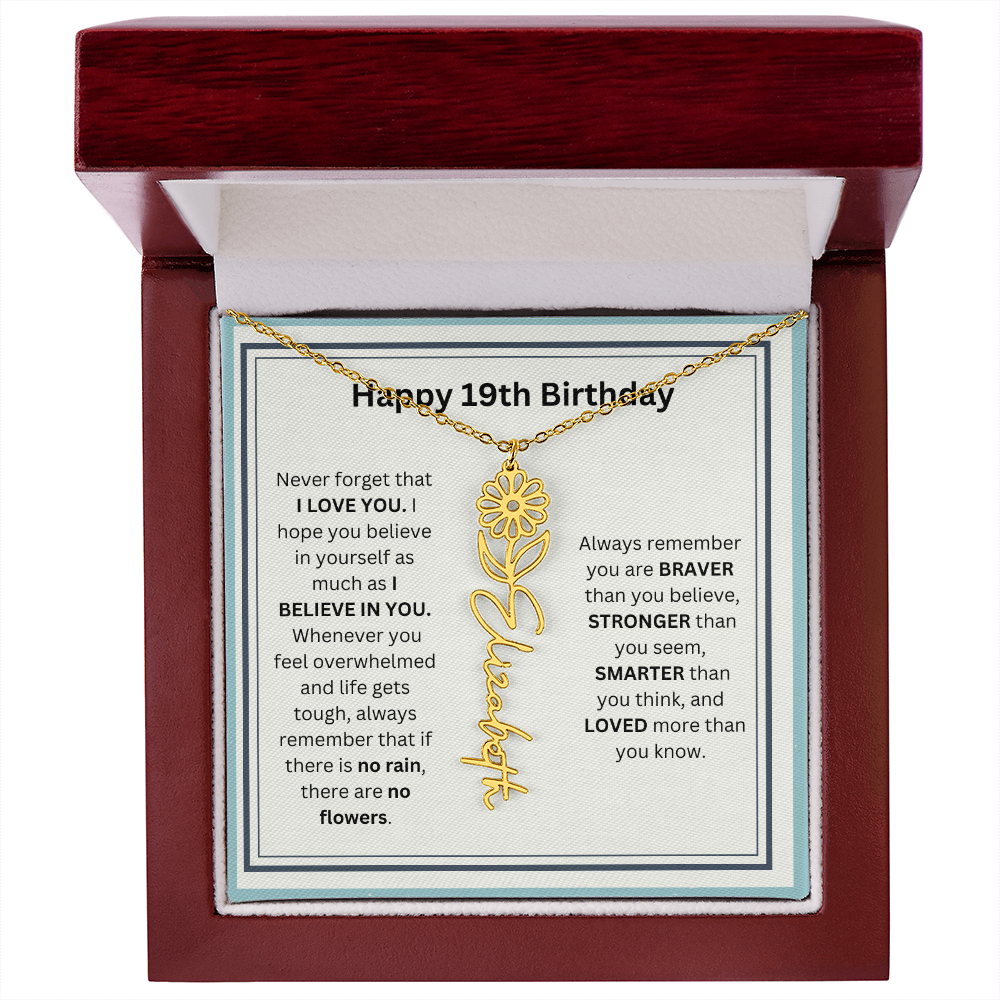 Personalized 19th Birthday Flower Name Necklace Gift