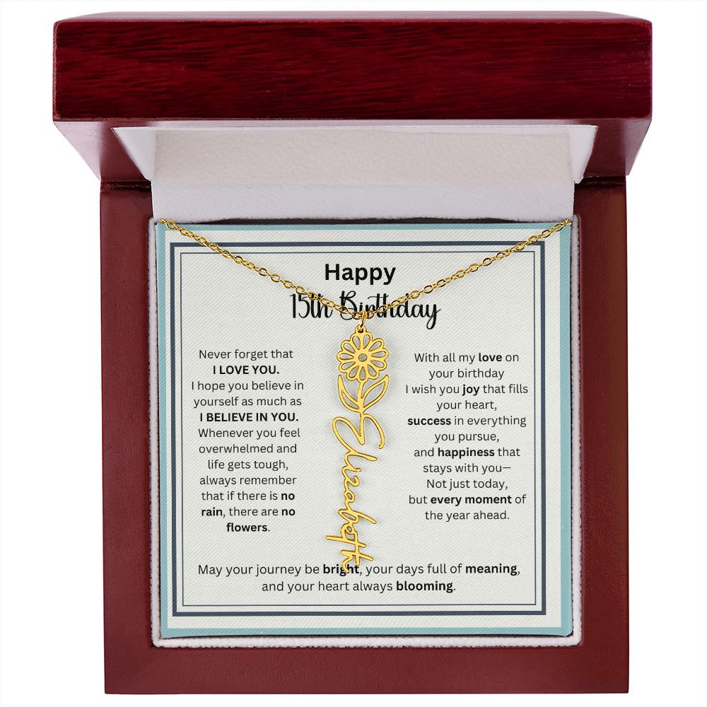 Personalized 15th Birthday Gift for Her - Birth Flower Necklace with Card