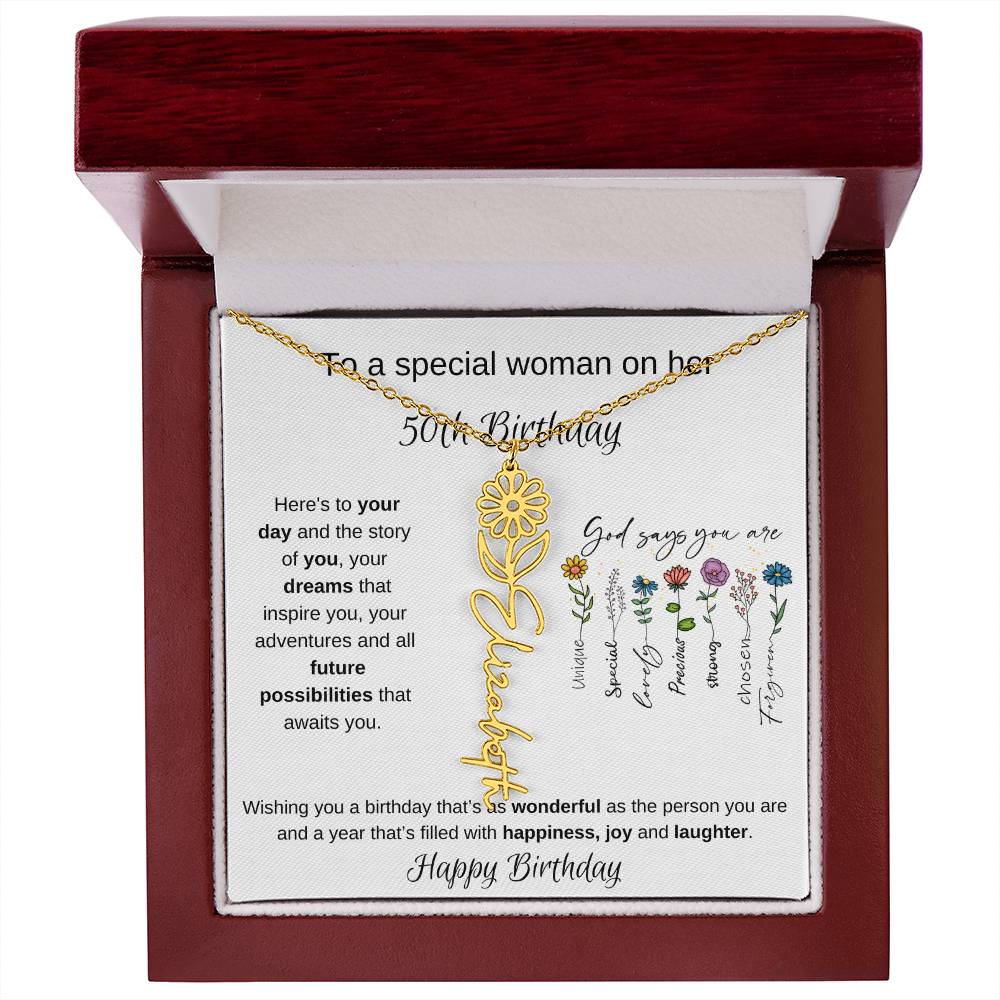 To A Special Woman On Her 50th Birthday - Flower Name Necklace