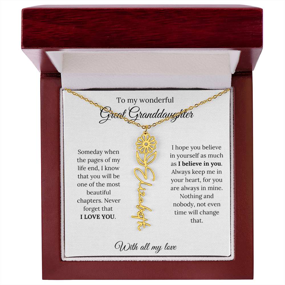 Great Granddaughter Birth Flower Name Necklace – “You Are One of the Most Beautiful Chapters” – Custom Keepsake Jewelry Gift