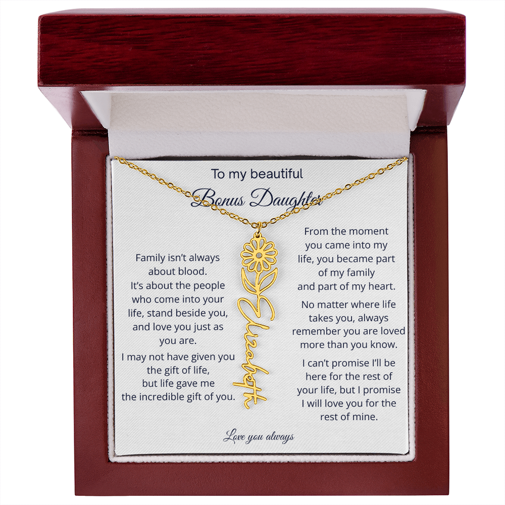 Bonus Daughter Jewelry Gift - Personalized Birth Flower Name Necklace