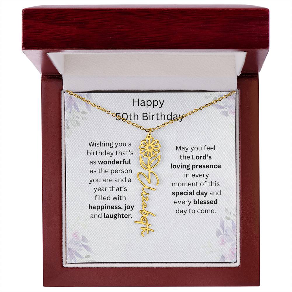Wishing You Happiness, Joy & Laughter - Happy 50th Birthday | Flower Name Necklace