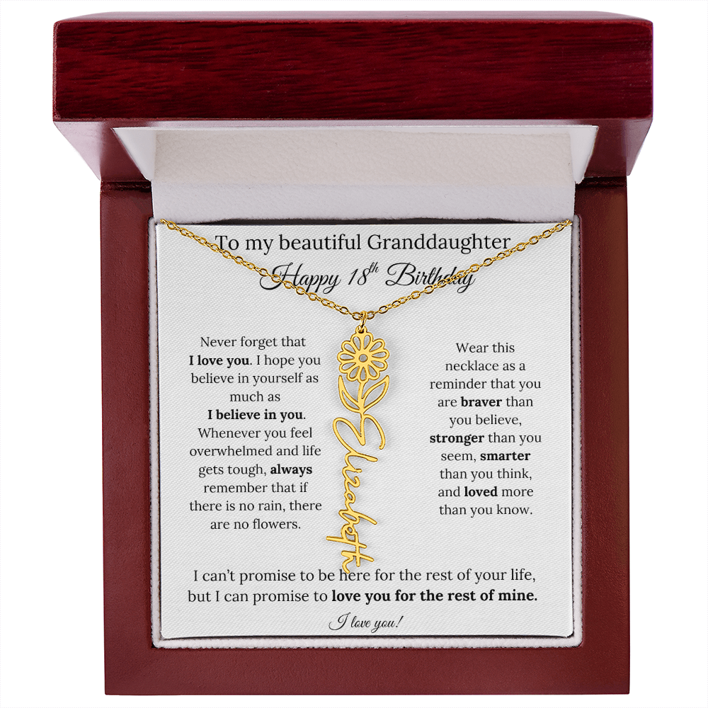 18th Birthday Gift for Granddaughter Flower Name Necklace with Message Card