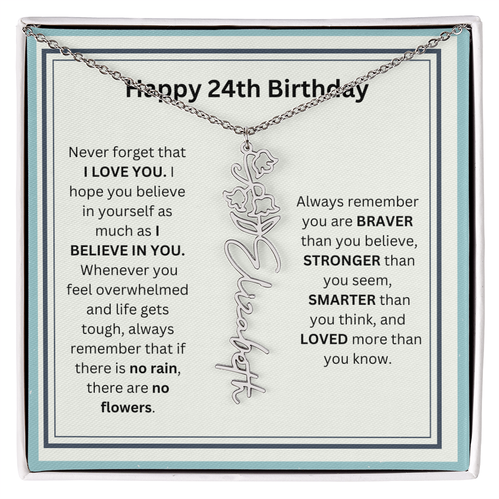 Personalized 24th Birthday Flower Name Necklace Gift