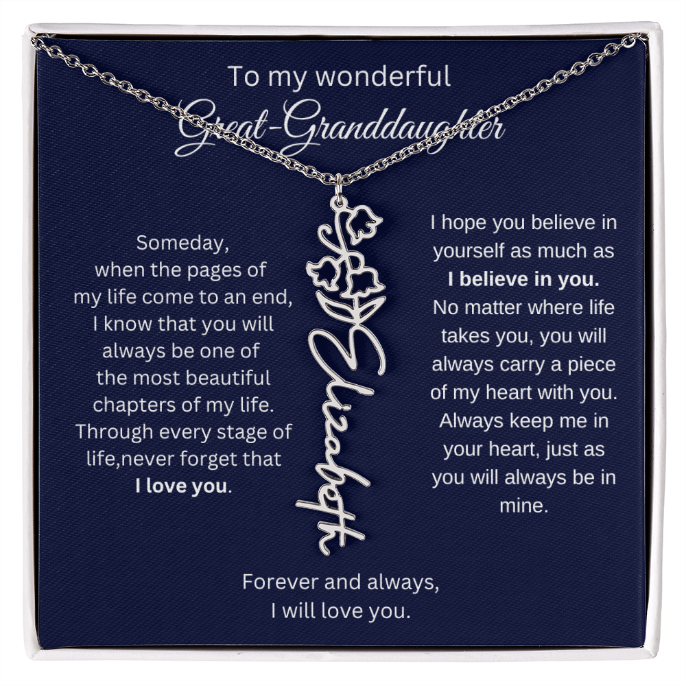 Great Granddaughter Jewelry Gift - Birth Flower Name Necklace