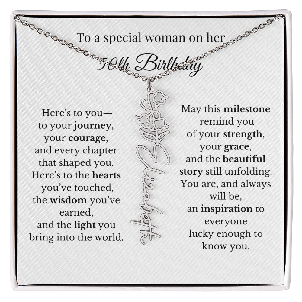 50th Birthday Gift To A Special Woman | Personalized Birth Flower Name Necklace