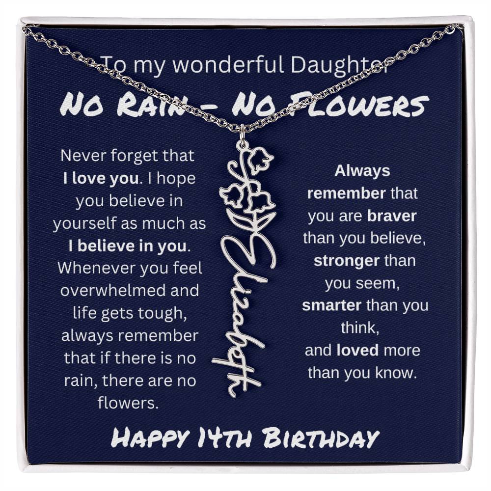 No Rain - No Flower | Happy 14th Birthday | Flower Name Necklace