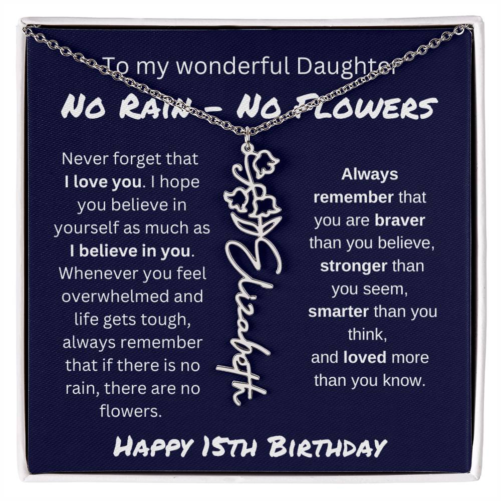 No Rain - No Flower | Happy 15th Birthday | Flower Name Necklace