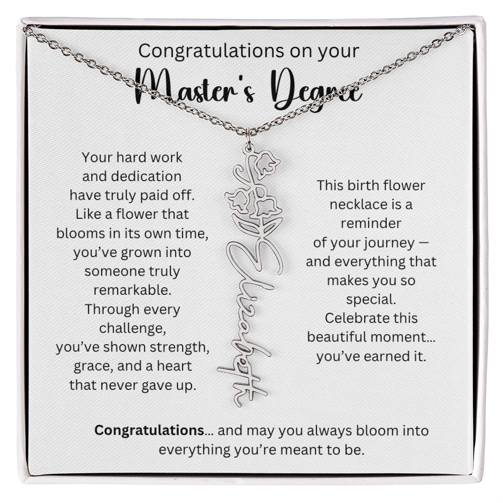 Personalized Masters Graduation Keepsake Gift - Birth Flower Name Necklace