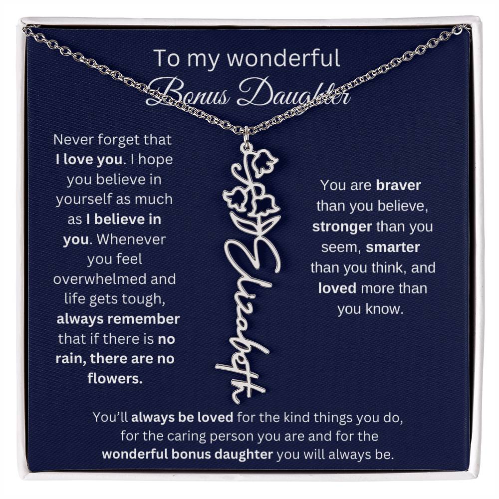To My Wonderful Bonus Daughter - I Love You - Flower Name Necklace