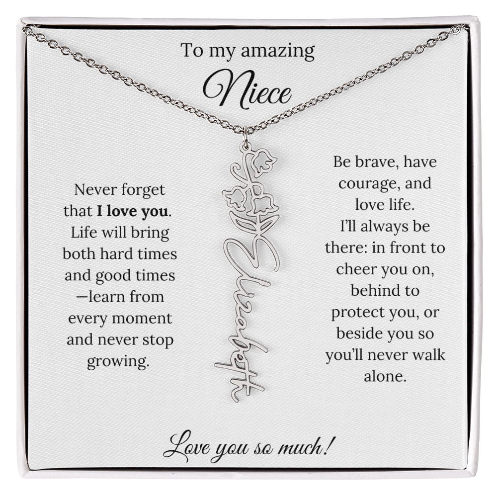 Niece Gift – Birth Flower Name Necklace + Inspiring Message Card